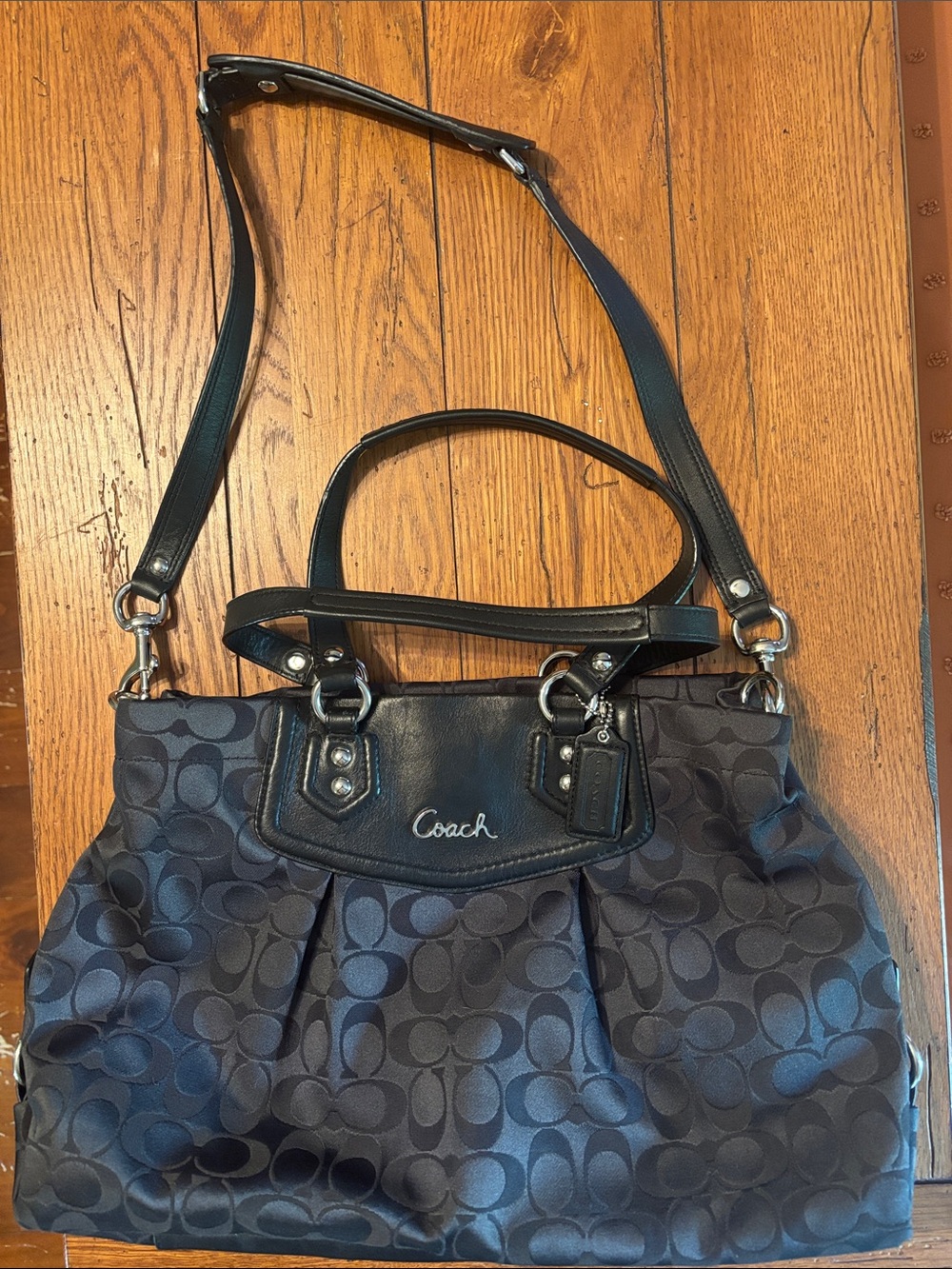 Coach Navy and Black Signature Pleated Shoulder Bag